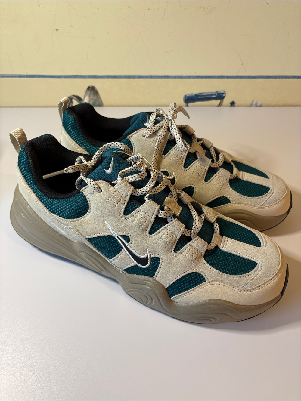 Size- 11.5 Nike Teal and Beige Chunky Lace-Up Sneakers - Picture 3 of 10